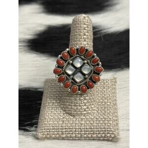 Native American Sterling Silver Red Coral Mother Pearl Multi-stone Cluster Ring